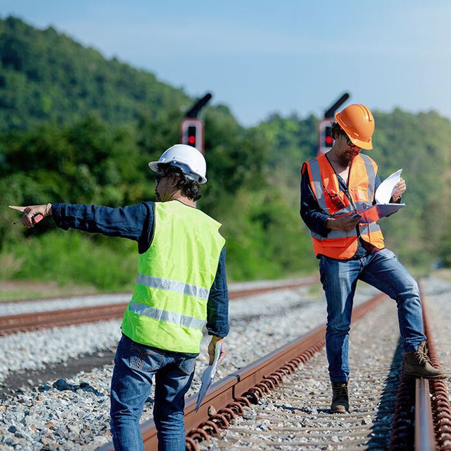 Two smiling rail-maintenance workers in orange coveralls and yellow hard hats, standing back-to-back in front of an engine.
