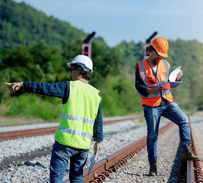 Two smiling rail-maintenance workers in orange coveralls and yellow hard hats, standing back-to-back in front of an engine.